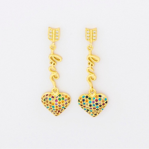 Jewelry - Gold Tone Multicolor Heart 'Love' Drop Earrings